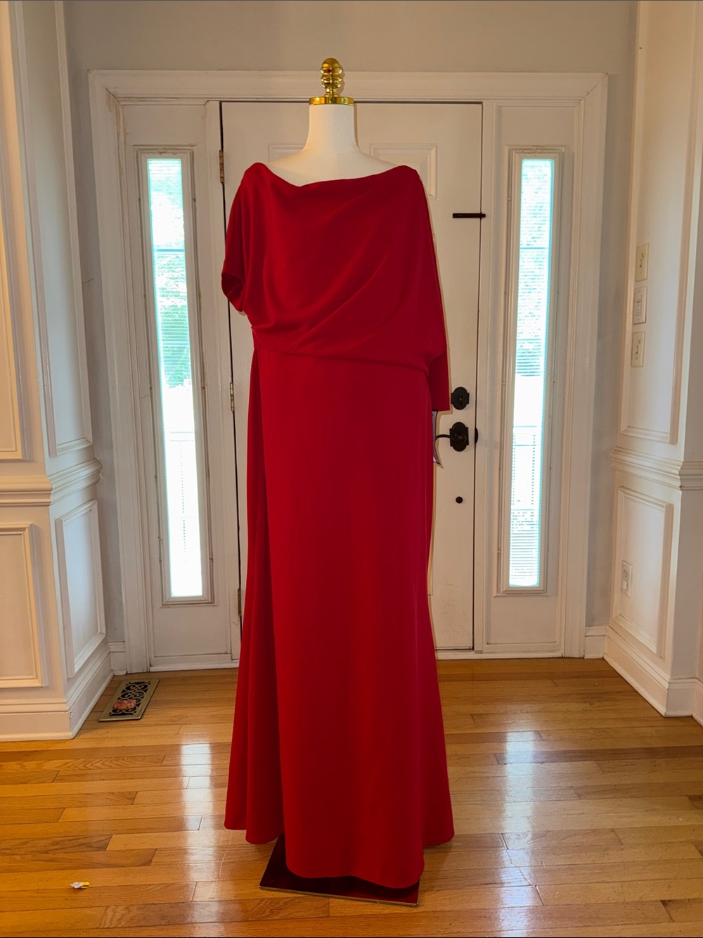 Betsy & Adam Red One-Shoulder Draped Long Gown